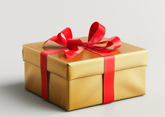 Obraz premium A gold box with red ribbon on top. White background for text
