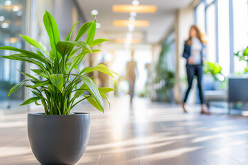 Bright business workplace with people in walking in blurred motion in modern office space. Green plants.