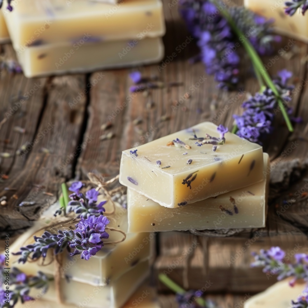Poster a bunch of soap bars on a rustic wooden table. ideal for hygiene and spa concepts