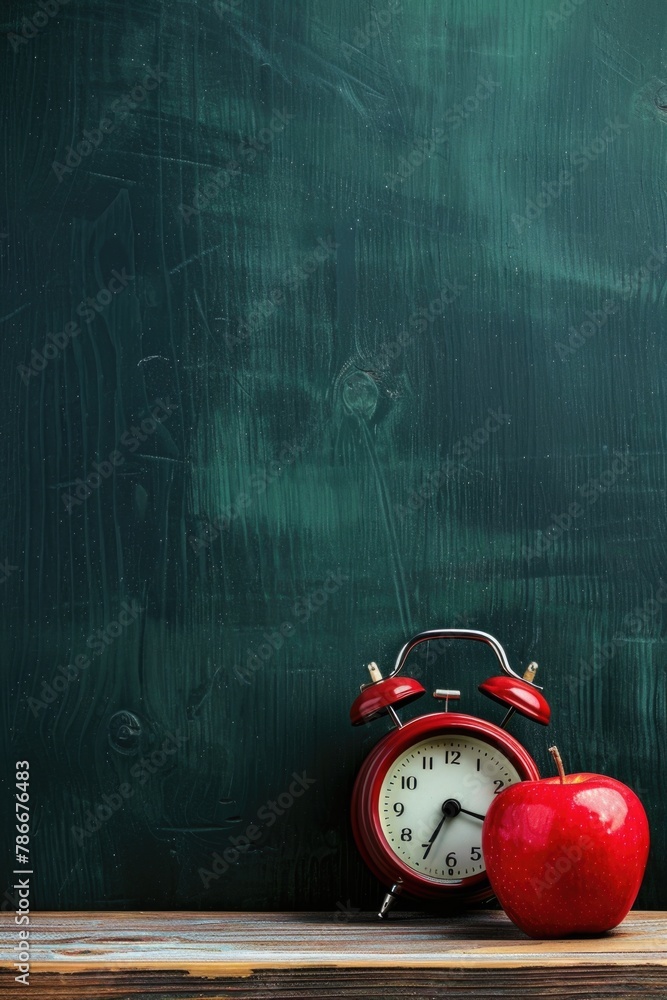 Aufkleber A red alarm clock next to a red apple. Perfect for time management concepts