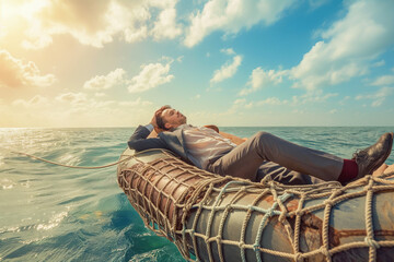 Business safety net concept with businessman sleeping peaceful on raft at sea
