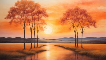 Fototapeta na wymiar Sunset over the river, watercolor