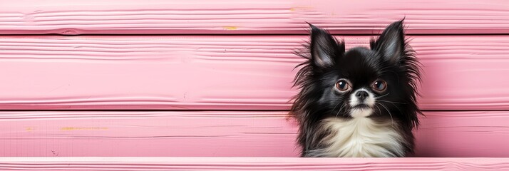 Banner long-haired Chihuahua in black and white coloring on pink wooden planks background, pet day,...