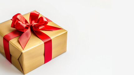 Obraz premium A gold box with a red bow on top of it. The box is sitting on a white surface -02