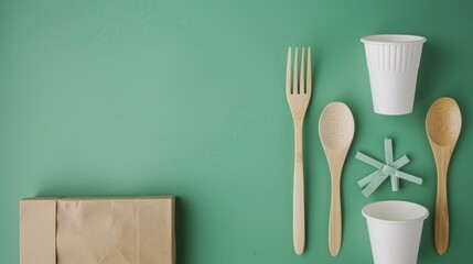Collection of wooden spoons, forks, and paper bag. Perfect for kitchen or cooking related projects - obrazy, fototapety, plakaty
