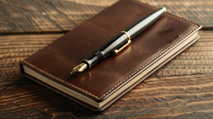Pen resting on top of a book on a rustic wooden table, ideal for educational or office concepts