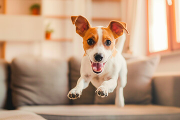 Domestic pet play time. Crazy funny active dog running jumping in living room