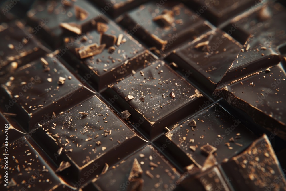 Poster a close-up view of a chocolate bar on a table. perfect for food and dessert concepts