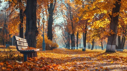 A park bench sitting in the middle of a leaf covered park. Suitable for outdoor furniture advertisements