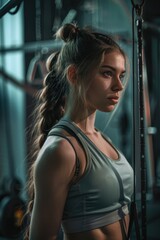 A woman with a ponytail working out in a gym. Suitable for fitness and lifestyle concepts
