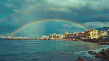 Naklejka na ściany i meble A beautiful rainbow over the ocean with a city skyline in the background. Ideal for travel and nature concepts