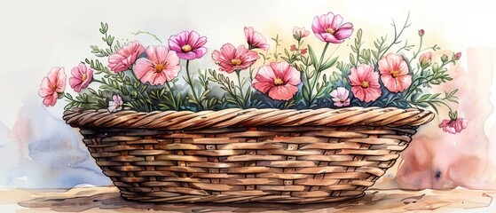 Fototapeta na wymiar An adorable wicker basket decorated with flowers and clipart works perfectly as a card decoration, wedding, Easter, and pet theme illustration.