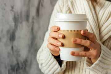 Female hands holds blank white disposable coffee cup. Mock up