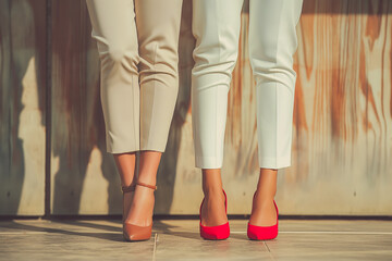 Legs of two girls in elegant suits and red high heels standing together. Lesbians couple lovers date, family, romantic date, wedding, anniversary celebration