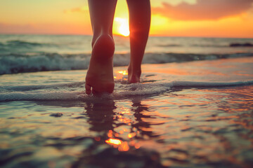 Low angle view of girls feet walking on beach at sunset