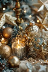 A close up of a candle surrounded by ornaments. Perfect for holiday decorations