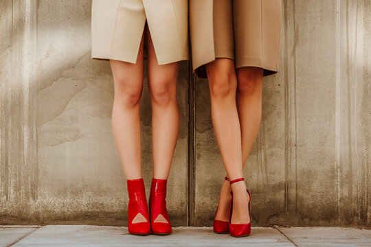 Legs of two girls in elegant suits and red high heels standing together. Lesbians couple lovers date, family, romantic date, wedding, anniversary celebration