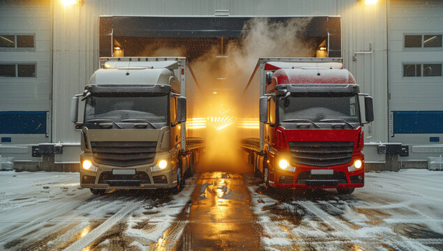 Two large trucks parked in the snow outside a warehouse, their headlights illuminating the frosty winter evening. Scene depicting logistics and transport in cold weather conditions.