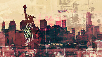 Statue of Liberty and New York, cityscape double exposure contemporary style 