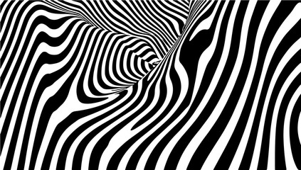 Abstract hypnotic pattern with black-white striped lines. Psychedelic background. Op art, optical illusion. Technology Half tone Pattern Background or modern design, graphic texture