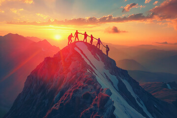 Naklejka premium Panoramic view of team of people holding hands and helping each other reach the mountain top in spectacular mountain sunset landscape