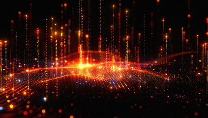 Obraz premium Abstract digital landscape of glowing particles and lines representing data flow and network connectivity in a colorful spectrum.