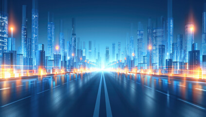 Futuristic cityscape with illuminated skyscrapers and a wide highway under the blue tone lighting. Modern urban metropolis at night showcasing technology and architecture. - obrazy, fototapety, plakaty