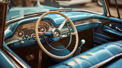 Vintage car interior, blue color with chrome details, steering wheel
