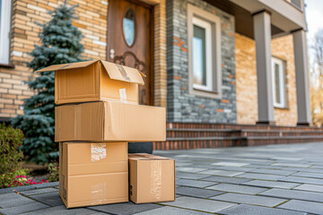 Stack of cardboard boxes with household belongings ready to delivering outside the house. Moving to new home, relocation, rent and delivery service