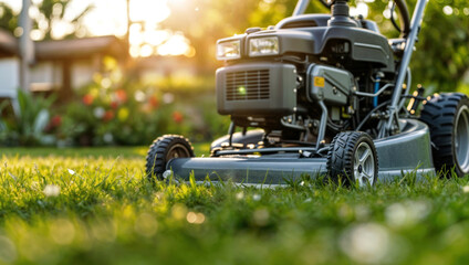 Fototapeta premium Modern lawnmower on a well maintained grassy lawn, surrounded by blooming flowers and plants, illuminated by the soft glow of the setting sun. Perfect for gardening and outdoor equipment content.