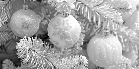 Fototapeta na wymiar A monochrome image of festive decorations on a Christmas tree. Suitable for holiday designs