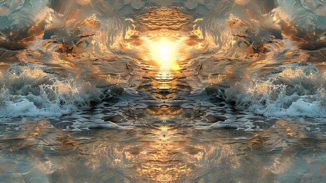 A pattern made by repeating a photograph showing the sun's reflection on ocean waves during the evening.