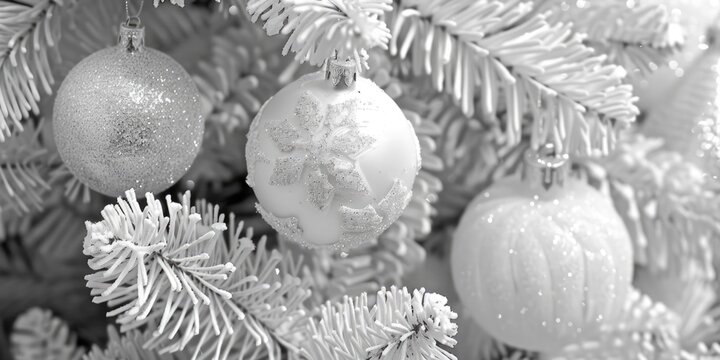 A monochrome image of festive decorations on a Christmas tree. Suitable for holiday designs
