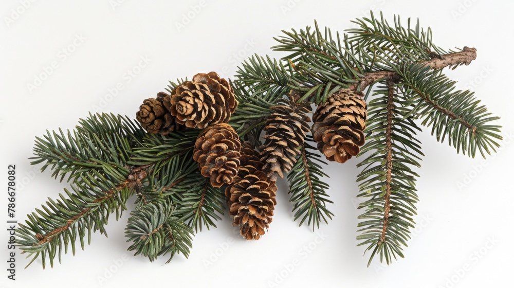 Poster A close-up view of a pine tree branch with cones. Suitable for nature and forestry concepts