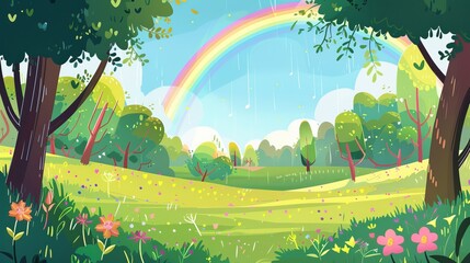 An illustration of a spring landscape depicting a forest with trees, grass, and a valley park. The scene includes a meadow filled with flowers and a rainbow in the background.
