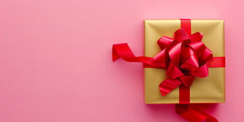 Gold gift box with a red bow on a pink background. View from above. Place for congratulatory text