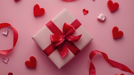 White gift box with red ribbon and hearts, perfect for Valentine's Day gifts