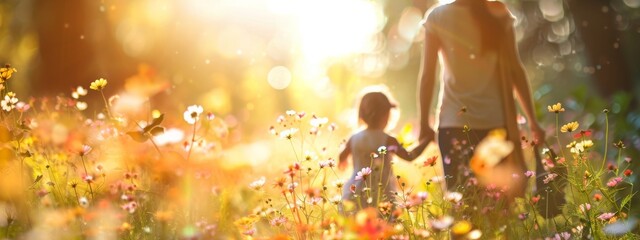 A woman and child walk hand in hand through a Bright field of colorful flowers, surrounded by the beauty of nature on a sunny day, Happy Mother`s Day - obrazy, fototapety, plakaty