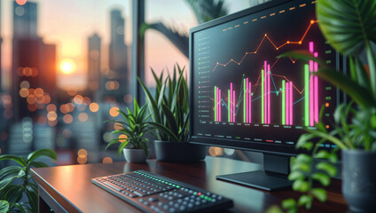 Modern office desk with analytics graph on monitor showcasing financial data and cityscape at sunset.