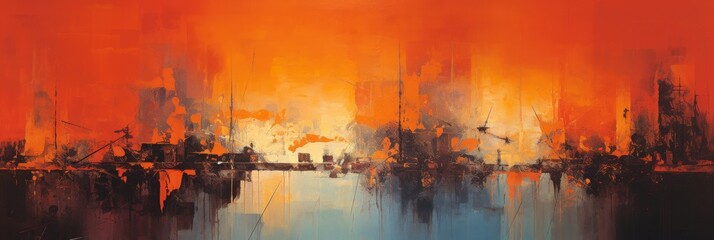 Abstract Interpretation Of Fiery Sunset Skyline. Bold Orange And Black Strokes In Modern Cityscape Art. Generative AI