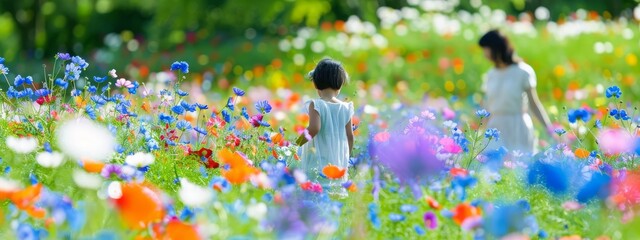 A woman and child walk hand in hand through a Bright field of colorful flowers, surrounded by the beauty of nature on a sunny day, Happy Mother`s Day