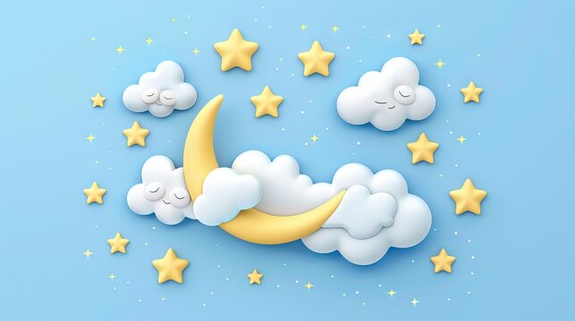 
A 3D rendering of the moon surrounded by sleeping baby clouds, dreamy gold icons, and a lullaby for those experiencing insomnia. The scene depicts either a night sky or a sky illuminated by daylight