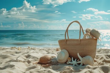 A beach bag filled with shells and seashells, perfect for summer vacation themes