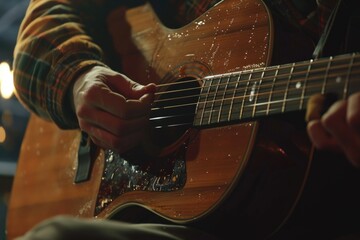 Close up of a person playing a guitar, suitable for music-related designs