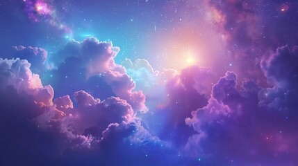 An illustration of a dreamy space background filled with shining stars, nebulae, and colorful clouds. It depicts a fantasy galaxy scene
