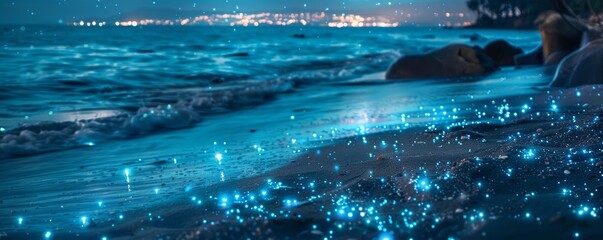 Beach at night with bioluminescent plankton on sand. Long exposure photography. Travel and nature concept.