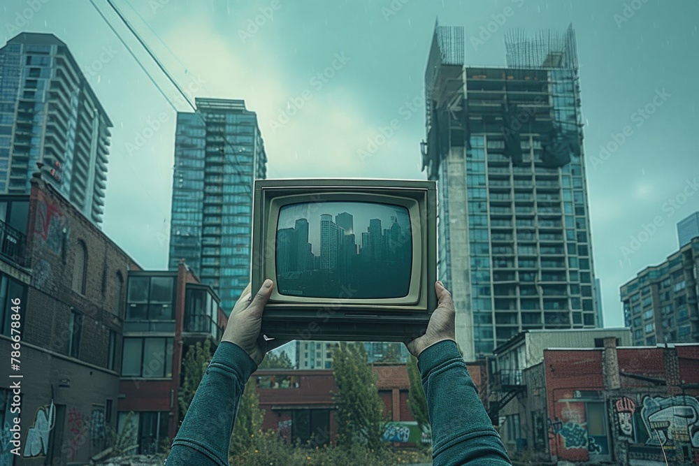 Poster a person holding up a television in front of a cityscape. suitable for technology and urban concepts