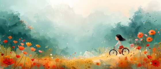 The illustration shows a cute little girl riding a bicycle and flowers, good for card and print designs