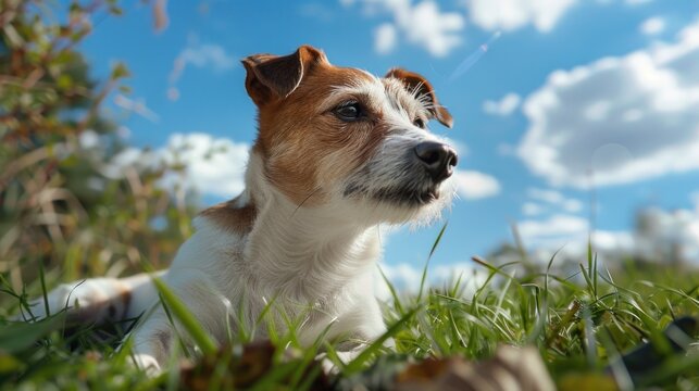 A peaceful image of a brown and white dog relaxing in the grass. Suitable for pet-related designs