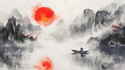 A traditional ink painting of a morning landscape featuring a large red sun, mist-covered mountains, and a fisherman in a boat. This style is known as sumi-e, u-sin, or go-hua in Oriental art. - obrazy, fototapety, plakaty